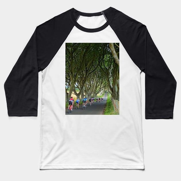 Cycling the Dark Hedges Baseball T-Shirt by Ludwig Wagner